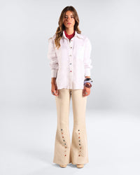 Beige Jewel Linen Flared Pants