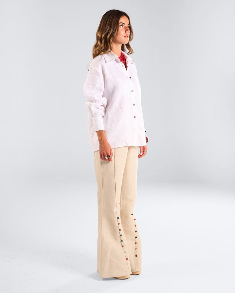 Beige Jewel Linen Flared Pants