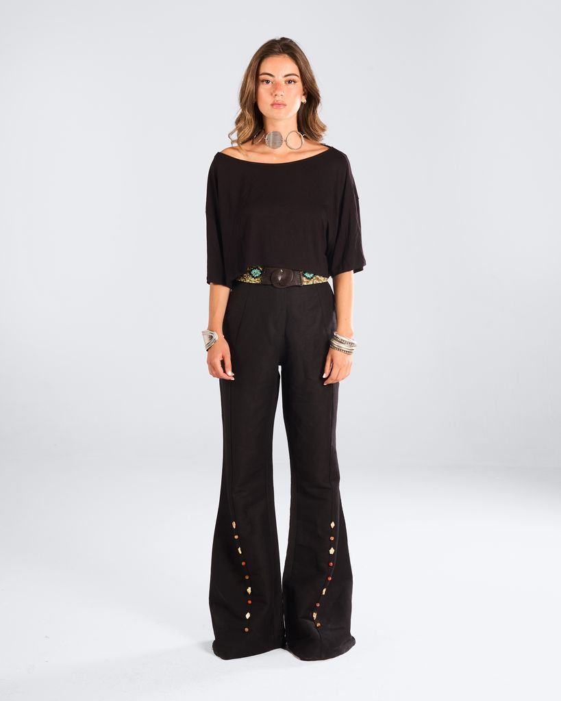 Black Jewel Linen Flared Pants